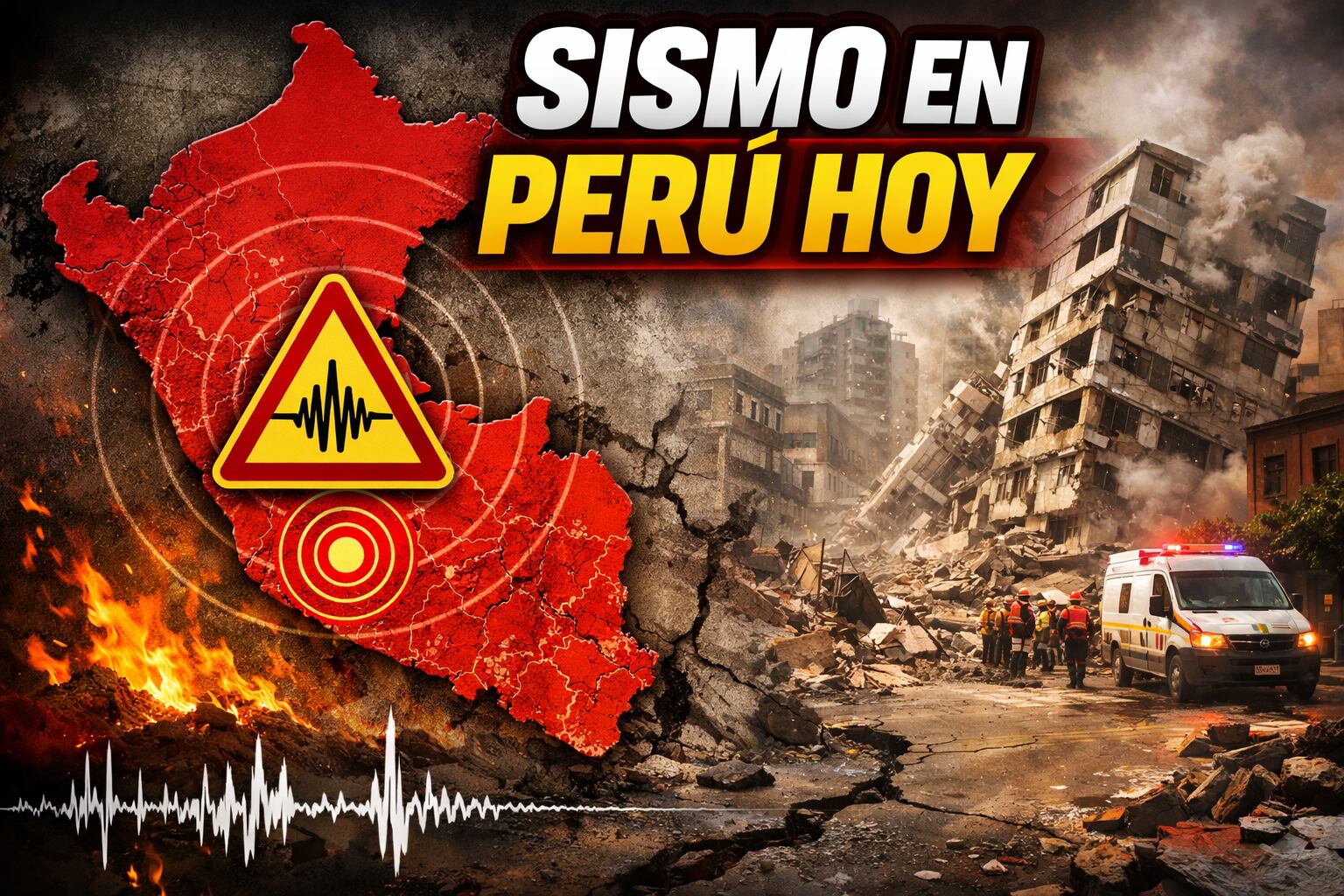 La imagen ilustra un sismo devastador en Perú, mostrando edificios colapsados, escombros, servicios de emergencia y un mapa del país con una alerta de temblor en primer plano. (Imagen Ilustrativa Infobae)