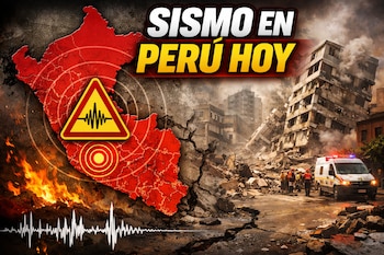Ilustración de un fuerte sismo en Perú. Muestra edificios dañados, escombros, una ambulancia y rescatistas, con un mapa de Perú y una alerta sísmica.