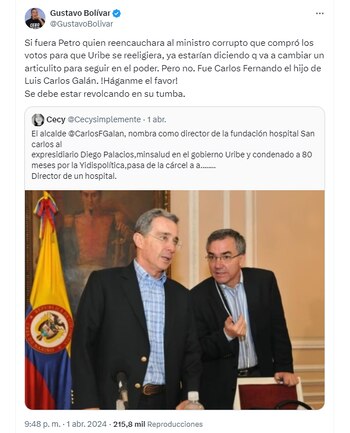 Gustavo Bolívar compartió noticia falsa con la que criticaba a Galán - crédito @GustavoBolivar/X
