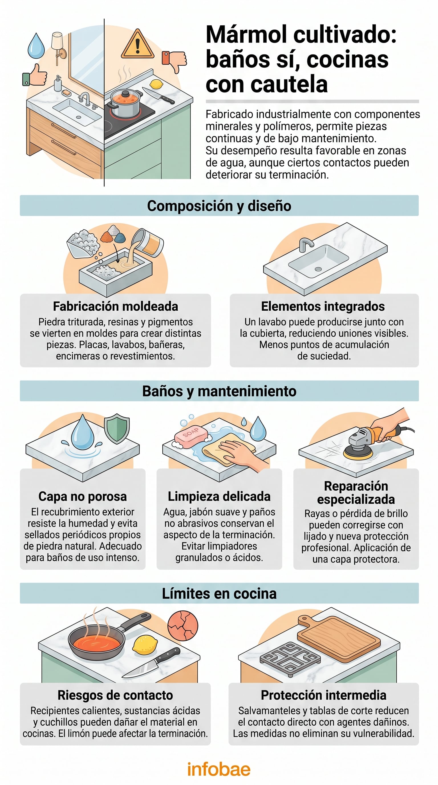 La fabricación mediante moldes permite crear lavabos, bañeras y encimeras integradas. (Imagen Ilustrativa Infobae)