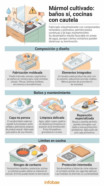 Infografía explicativa sobre el mármol cultivado con ilustraciones de un lavabo de baño, una cocina, utensilios de limpieza y textos informativos.