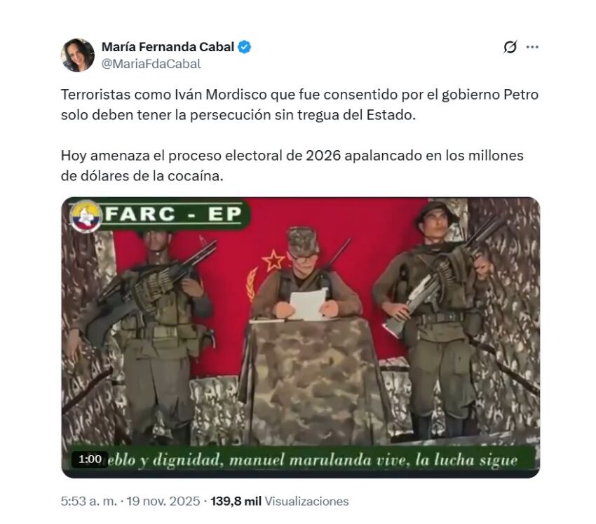 María Fernanda Cabal declaró que el verdadero problema no radica en los orígenes de los grupos armados, sino en la incapacidad del Gobierno de Petro para enfrentar a los terroristas - crédito @MariaFdaCabal/X