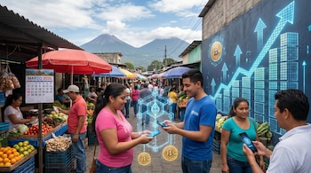 Un concurrido mercado al aire libre con personas realizando transacciones móviles, montañas al fondo y gráficos digitales de criptomonedas superpuestos.
