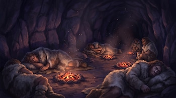Ilustración de varios neandertales dormidos sobre pieles en una cueva oscura junto a pequeños fuegos encendidos.