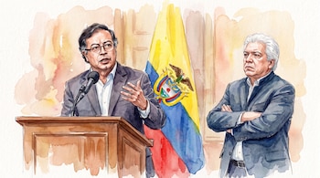 Ilustración acuarela de dos hombres. Uno en un podio con micrófono y el otro de pie con brazos cruzados, con una bandera de Colombia de fondo.