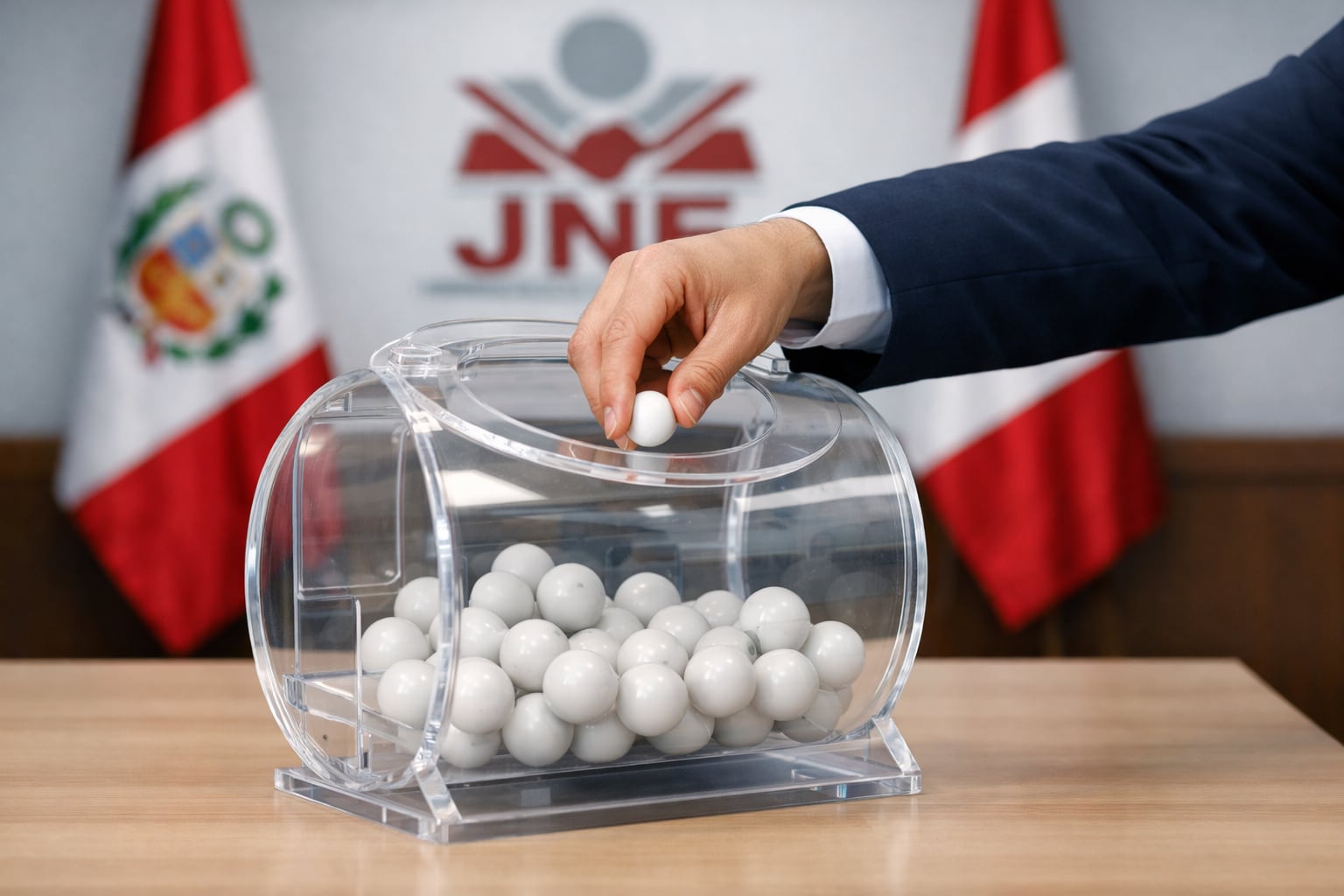 Una mano saca una bolilla de un ánfora transparente durante el sorteo oficial del Jurado Nacional de Elecciones (JNE), un proceso clave para la transparencia electoral. (Imagen Ilustrativa Infobae)