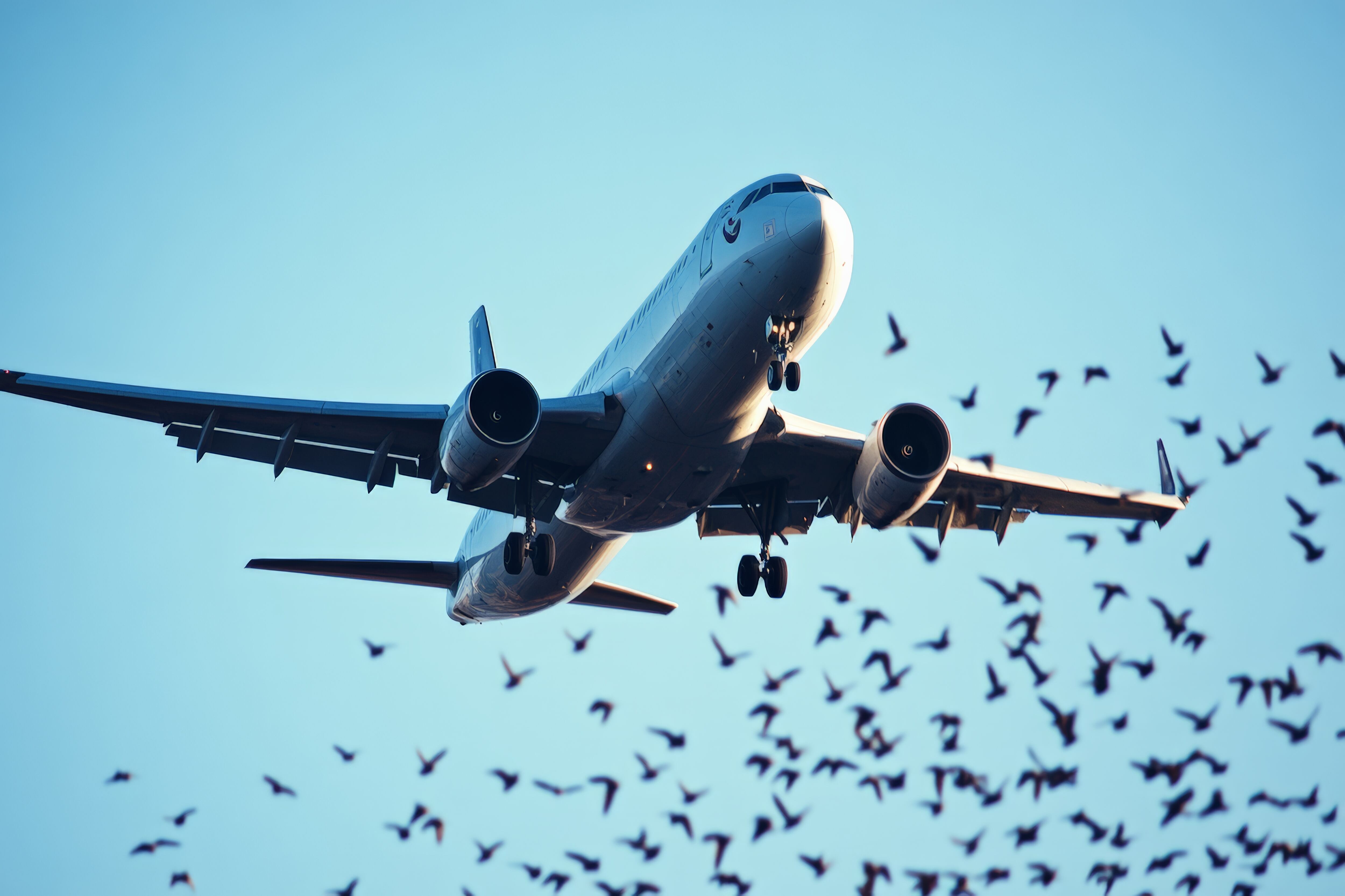 Un avión aterrizando entre una bandada de pájaros (Adobe Stock).