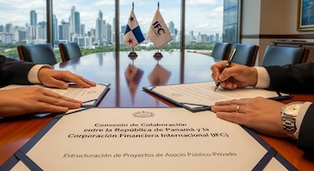 Manos de dos personas en trajes firman documentos sobre una mesa de conferencia. Banderas de Panamá y IFC visibles, con un horizonte urbano de fondo.