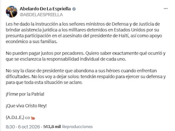Presidente Abelardo de la Espriella anunció ayuda a militares colombiano detenidos en Haití por nexos con el magnicidio del presidente de ese país en 2021 - crédito @ABDELAESPRIELLA/X
