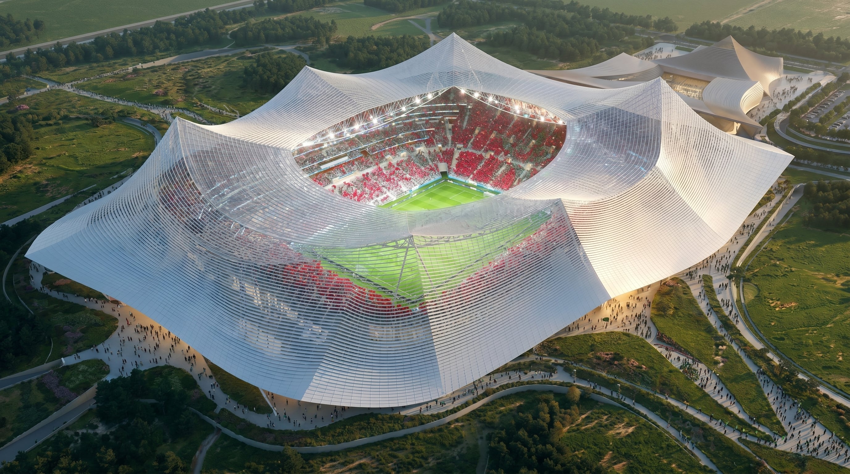 Gran Estadio Hassan II, en Casablanca, será la sede principal de Marruecos en el Mundial de fútbol 2030. (Populous/Infobae)