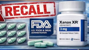 Sello rojo de 'RECALL' sobre fondo azul, con el logo de la FDA, un blíster de pastillas verdes y una botella de Xanax XR (alprazolam) de 3 mg
