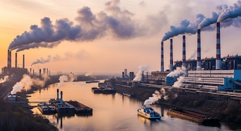 Vista aérea de un complejo industrial con múltiples chimeneas expulsando grandes nubes de humo sobre un río donde navegan barcazas, bajo un cielo anaranjado.