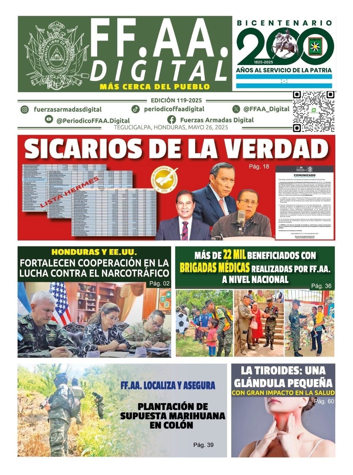 La portada del periódico FF.AA. Digital del 26 de mayo de 2025 presenta noticias sobre las Fuerzas Armadas de Honduras y la cooperación antinarcóticos con Estados Unidos. (Portada de la revista FFAA Digital de Honduras del 26 de mayo de 2025. (Captura de pantalla))