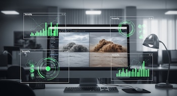Pantalla de computadora con dos imágenes de olas o explosiones en el agua, junto a gráficos digitales verdes y texto 'Veraacity', con teclado y ratón.