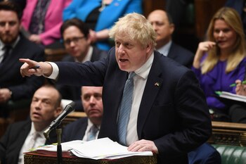 British Prime Minister Boris Johnson speaks during a Prime Minister's Questions session at the House of Commons, in London, Britain, March 30, 2022. UK Parliament/Jessica Taylor/Handout via REUTERS THIS IMAGE HAS BEEN SUPPLIED BY A THIRD PARTY. MANDATORY CREDIT. IMAGE MUST NOT BE ALTERED.