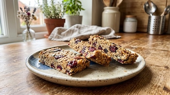 Tres barritas de avena, semillas y arándanos rojos sobre un plato en una mesa de madera junto a una ventana con plantas.