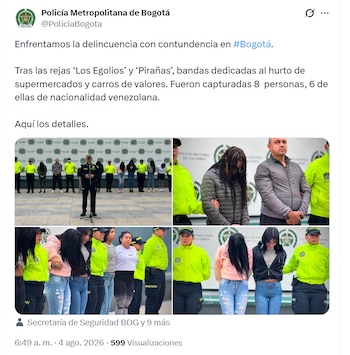 Las autoridades capitalinas brindaron detalles de los operativos de captura la mañana del martes 4 de agosto de 2026 - crédito @PoliciaBogota/X