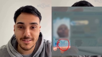 Un hombre frente a la cámara junto a un documento de identidad argentino con un círculo rojo que señala tres estrellas impresas