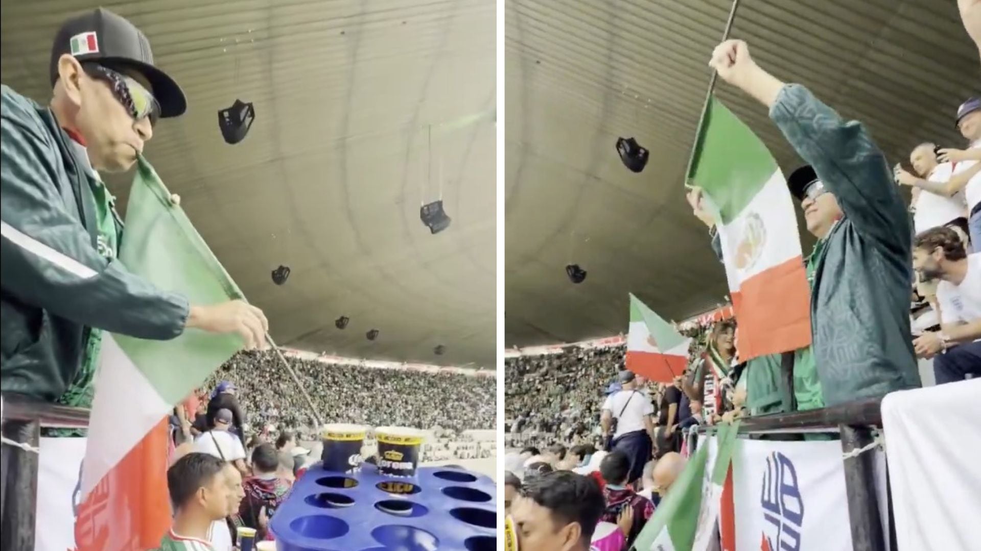 Con el caño hueco del asta de su bandera tricolor como sorbete, el hincha mexicano le dio un sorbo a la cerveza de un vendedor ambulante que pasaba por delante suyo sin que el comerciante notara nada
(Captura de pantalla (@Cleverlydey4u))