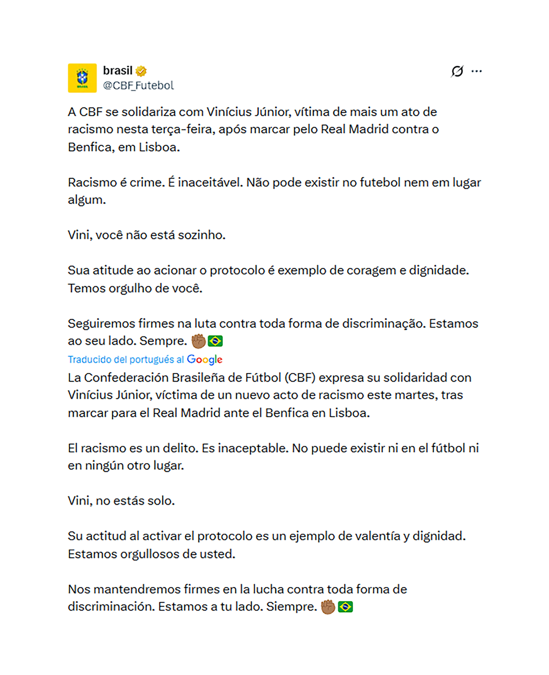 El comunicado de la Confederación Brasileña en apoyo a Vinicius Júnior