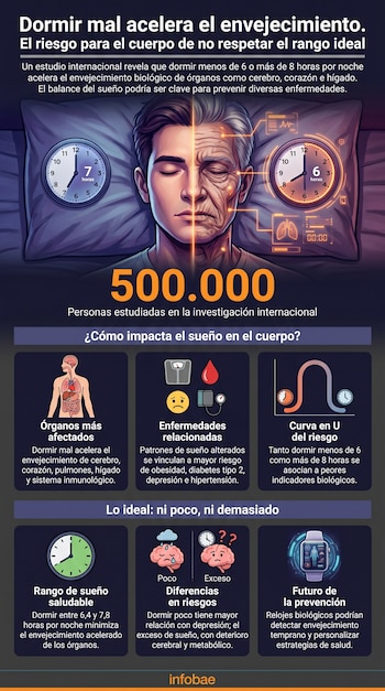 Infografía detallando cómo el sueño inadecuado (menos de 6 o más de 8 horas) acelera el envejecimiento de órganos y aumenta riesgos de enfermedades.