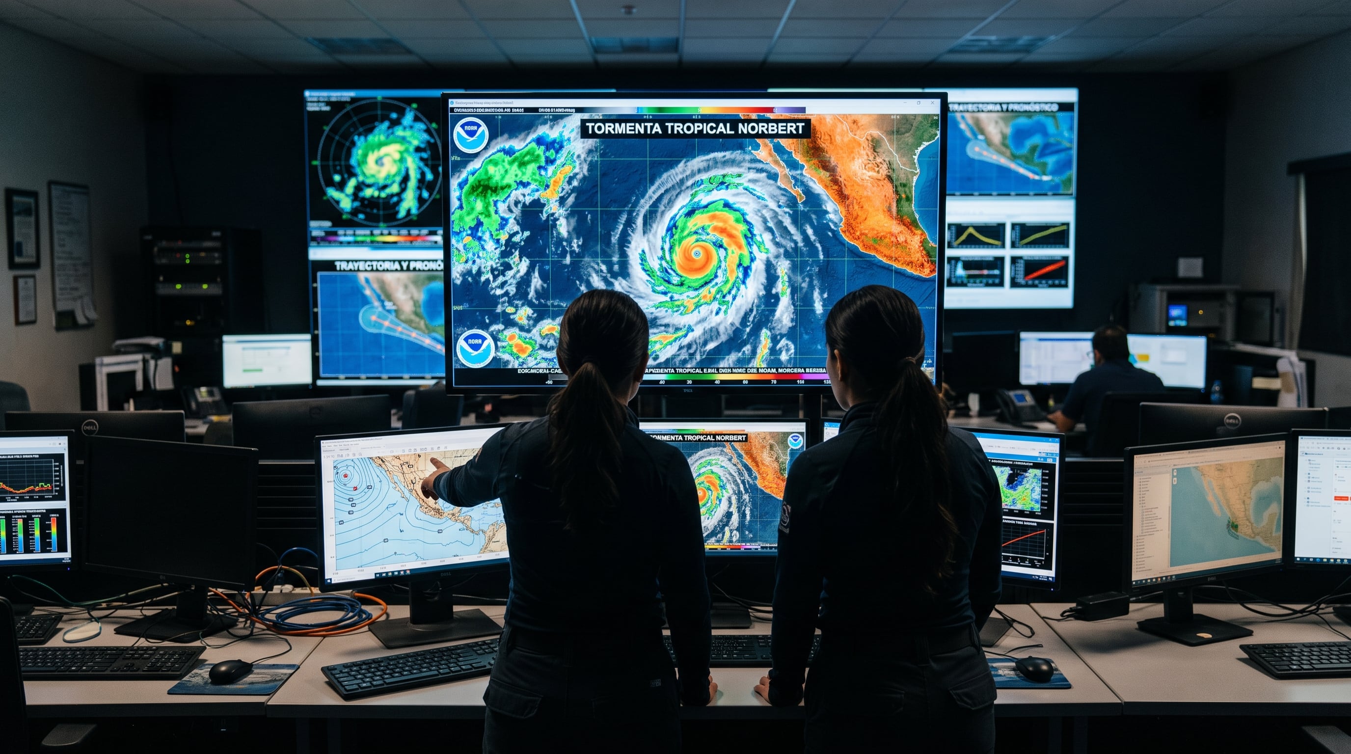 Especialistas analizan la trayectoria de la tormenta tropical Norbert en las pantallas de un centro de monitoreo meteorológico. (Imagen Ilustrativa Infobae)