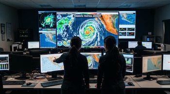 Dos personas de espalda observan pantallas de computadora con mapas satelitales y datos de la tormenta tropical Norbert.