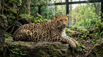 Un leopardo con manchas oscuras descansa sobre una roca entre plantas verdes, frente a una pared de cristal y árboles.