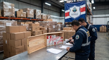 Dos inspectores uniformados revisan cajas de cartón y mercancía con escáner en una bodega, junto a una bandera del Ministerio de Hacienda de Costa Rica.
