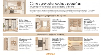 Infografía con ilustraciones de cocinas modernas y claras, mostrando sistemas de división de ambientes, almacenamiento oculto y electrodomésticos empotrados.