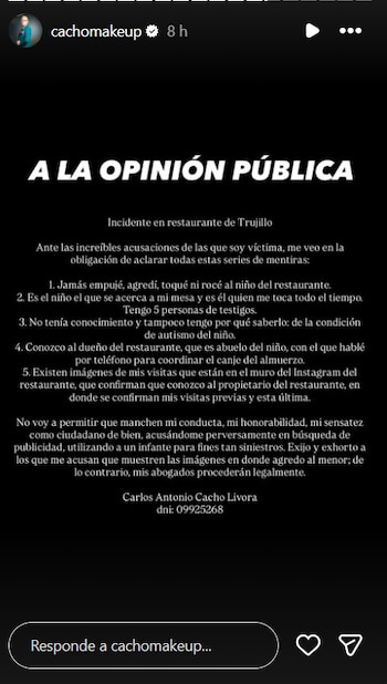 Captura de pantalla de una historia de Instagram con un comunicado en texto blanco sobre fondo negro firmado por Carlos Cacho