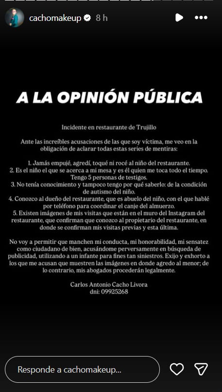 Carlos Cacho publica un comunicado en redes sociales para rechazar las acusaciones de agresión contra un menor en un restaurante de Trujillo.