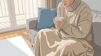 Ilustración de una persona con suéter de cuello alto y manta beige que sostiene una taza blanca sentada en un sofá gris junto a un cojín azul.