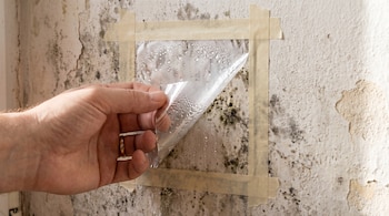 Mano que sostiene lámina de plástico transparente con condensación, pegada con cinta adhesiva a una pared con moho y pintura descascarada.