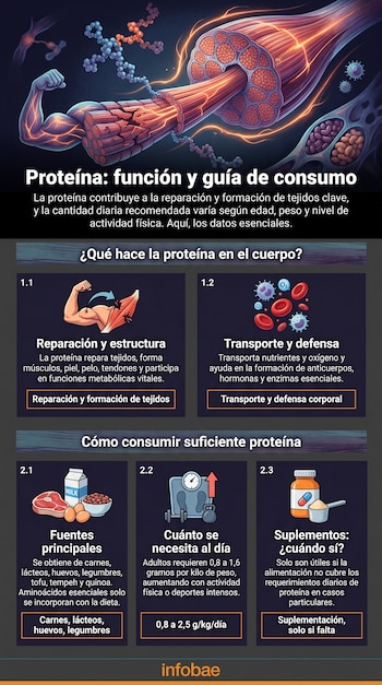 Infografía que explica la función de la proteína en el cuerpo, sus fuentes principales, la cantidad diaria recomendada y cuándo considerar suplementos.