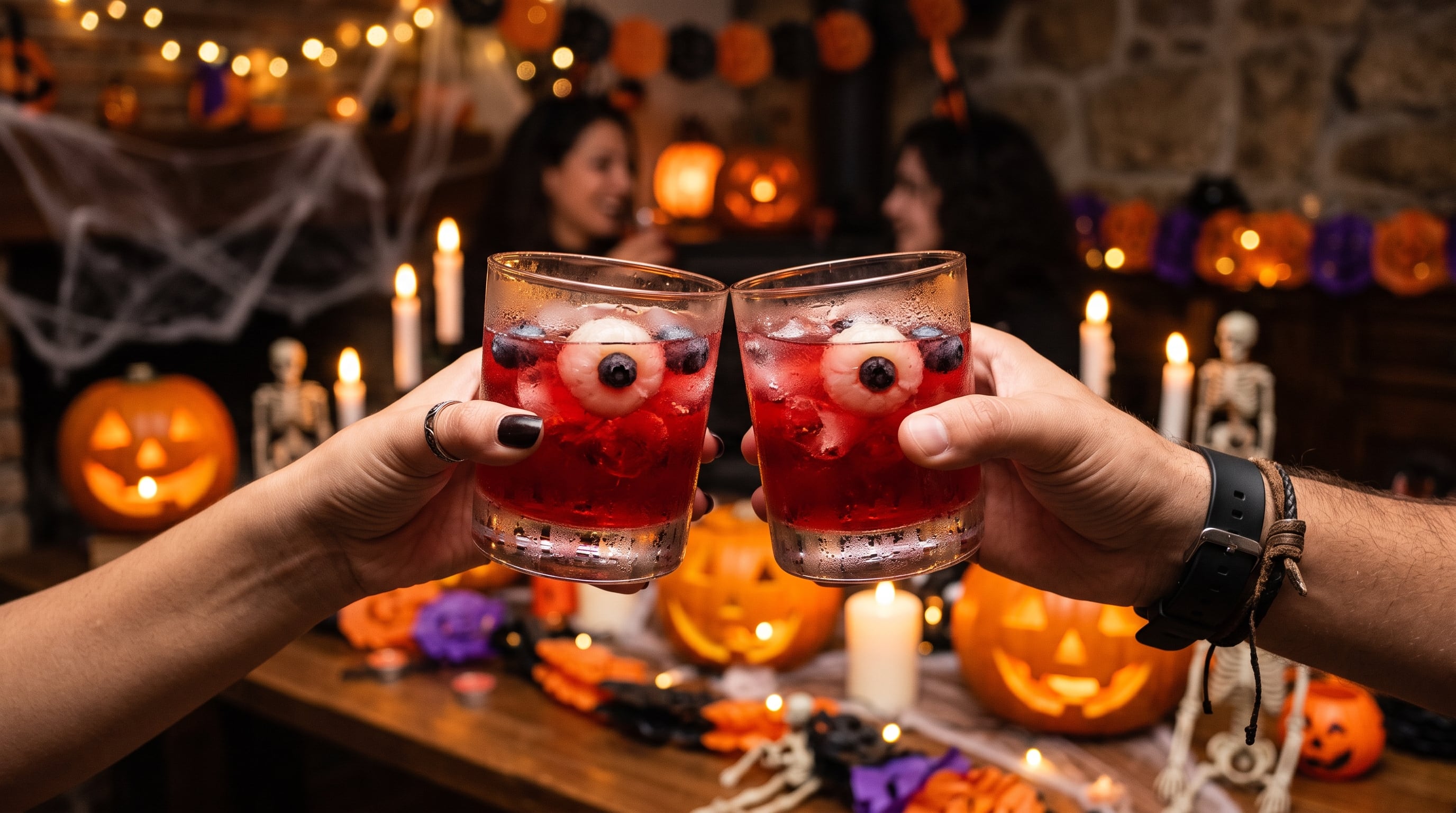 Dos personas brindan con cócteles rojos decorados con frutos que simulan ojos en una fiesta de Halloween con calabazas iluminadas y velas al fondo. (Imagen Ilustrativa Infobae)