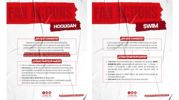 Dos carteles informativos en blanco y rojo que explican las instrucciones de participación para las actividades Hooligan y Swim