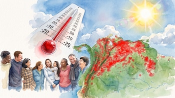Un termómetro y un mapa con áreas rojas representan el incremento de las temperaturas en la población de Colombia - crédito
