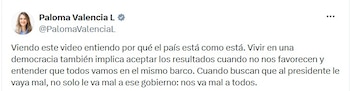 Paloma Valencia cuestionó un video atribuido a Viviana Marín, de las Juventudes Comunistas, y advirtió que en una democracia “no es aceptable” que tras una derrota electoral se busque “hacer invivible la República” - crédito @PalomaValenciaL/X