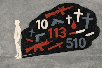 Ilustración de una figura humana de perfil sobre fondo gris, cuya sombra oscura contiene formas de armas, cruces y números 10, 113, 510.