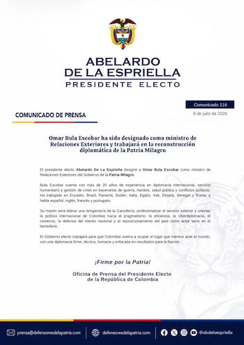 Abelardo de la Espriella designó a Omar Bula Escobar como ministro de Relaciones Exteriores del Gobierno de la Patria Milagro - crédito Defensores de la Patria