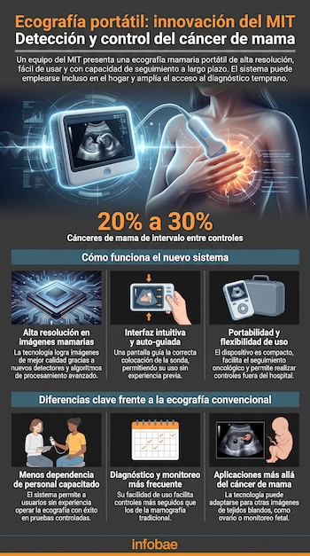 Infografía de ecografía portátil del MIT. Incluye una mujer, dispositivo, monitor con feto, microprocesador, mano con sonda, calendario y maleta.