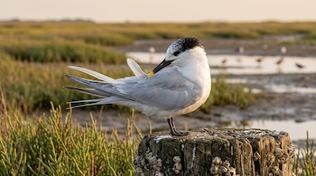 Un charrán patinegro de plumaje blanco y gris posado sobre un poste de madera entre vegetación baja y agua.
