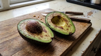 Dos mitades de una palta cortada, con pulpa verde y manchas marrones de oxidación, sobre una tabla de cortar de madera con un hueso y un cuchillo al fondo.