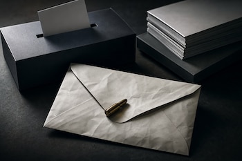 Un sobre de papel arrugado con una bala sobre la solapa, situado al lado de una urna negra con una papeleta blanca y una pila de papeles.