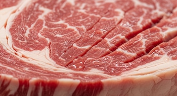 Vista cercana de un trozo de carne roja cruda, mostrando el patrón de la fibra muscular entrelazada con vetas de grasa blanca y un color rojo intenso.