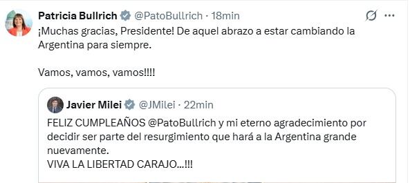 El intercambio en redes entre Javier Milei y Patricia Bullrich (Captura del tuit del presidente Javier Milei)
