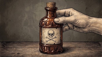 Una mano humana toma un frasco de vidrio con tapón de corcho y una etiqueta con calavera y tibias cruzadas sobre madera.