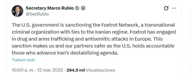 A mediados de marzo de 2025 el secretario de Estado de los EE. UU., Marco Rubio, se refirió a la sanción por parte de la Oficina de Control de Activos Extranjeros (Ofac, por sus siglas en inglés) del Departamento del Tesoro a la Red Foxtrot - crédito @SecRubio/X