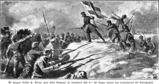 En el dibujo publicado en Caras y Caretas se ve al mayor Roca, con la bandera, casi sobre los soldados paraguayos